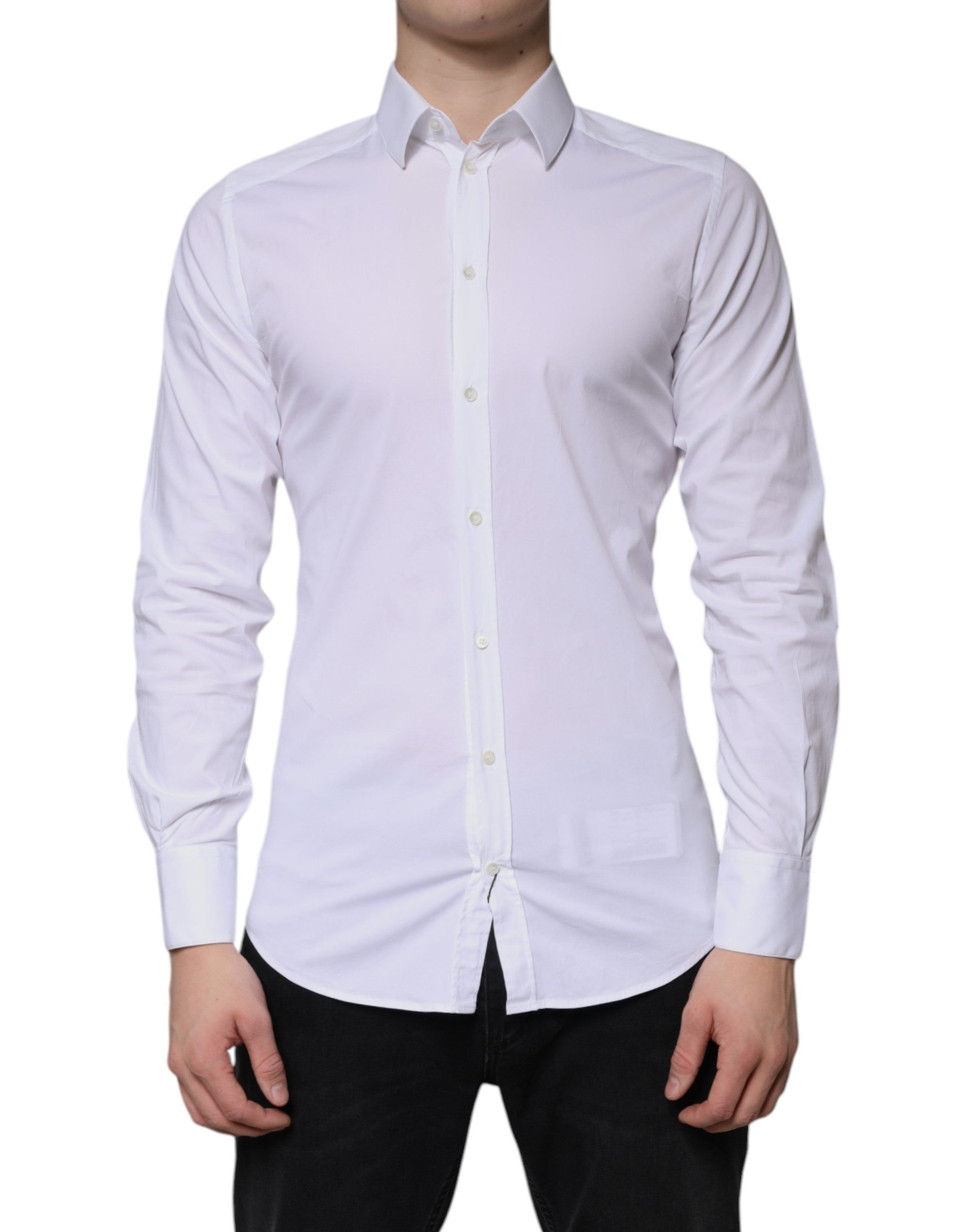 A white cotton formal men's dress shirt with gold buttons and a collar