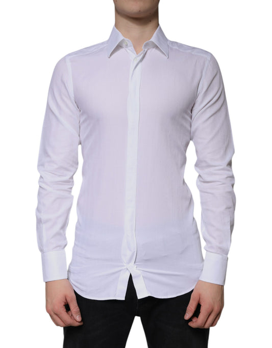A white cotton dress shirt with long sleeves, collar and button-up front