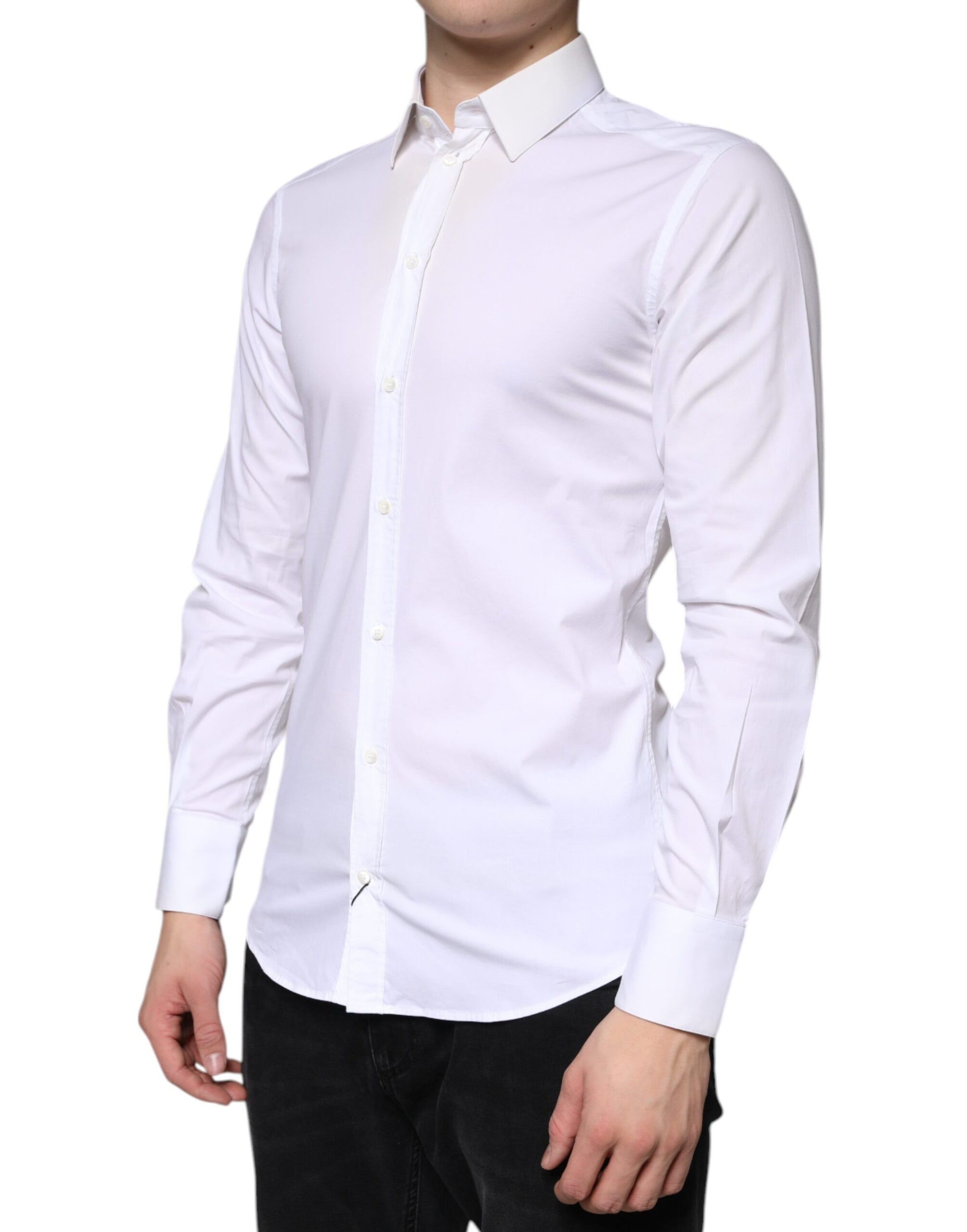 A white cotton dress shirt with long sleeves and a collar, designed for formal wear