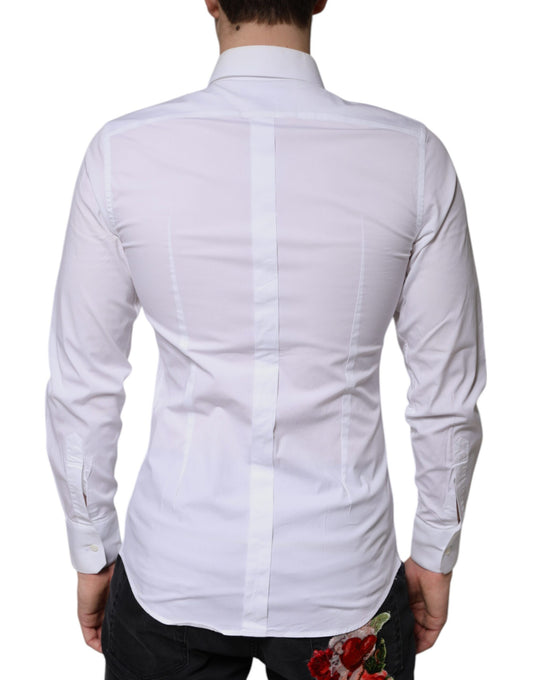 A white cotton formal men's shirt with a gold design on the back, featuring a collar and long sleeves