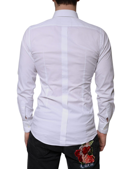 A white cotton formal men's dress shirt with a gold design on the back