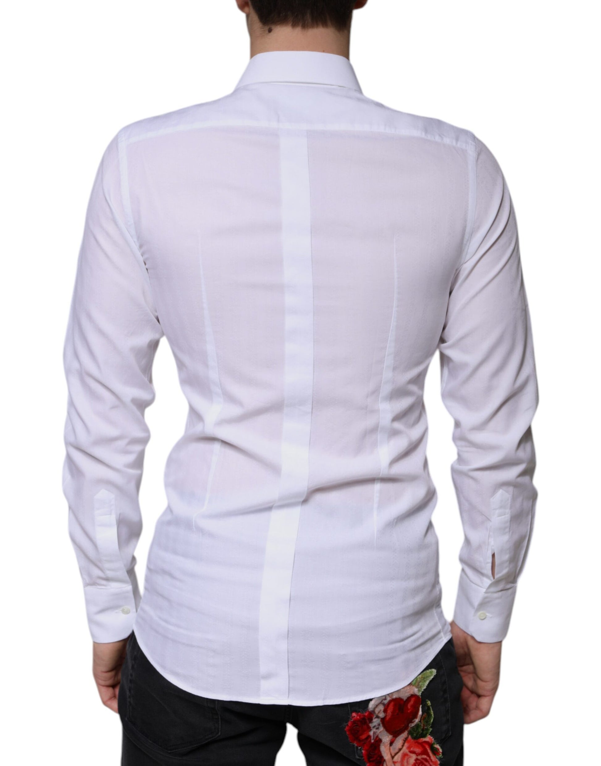 A white cotton dress shirt with a gold design on the back, featuring a rose