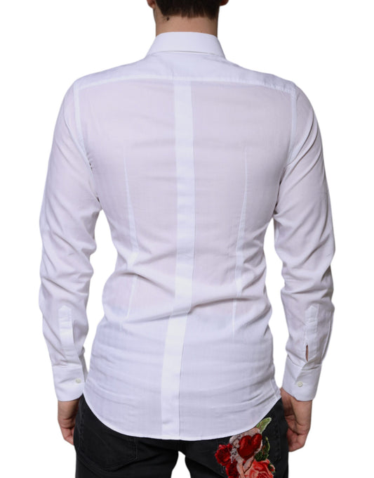 A white cotton dress shirt with a gold design on the back, featuring a rose