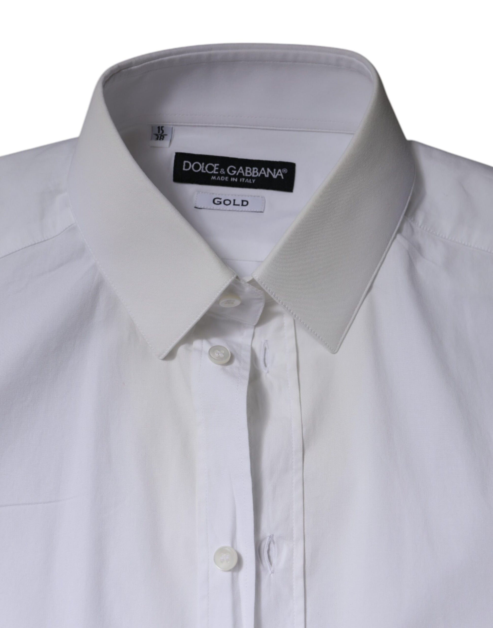 White cotton formal men's shirt with gold label, collar and buttons
