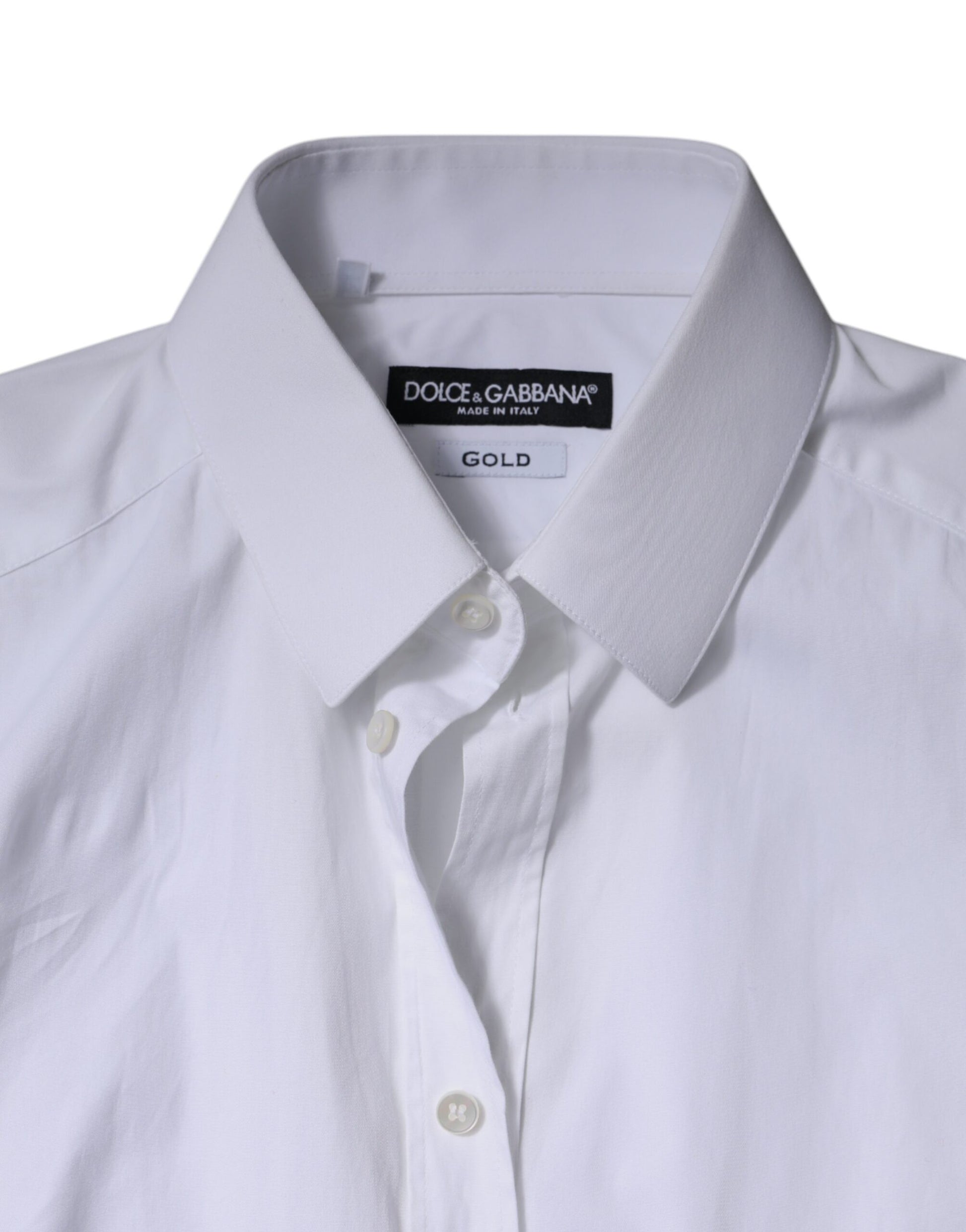 A white cotton dress shirt with a gold label from Dolce & Gabbana