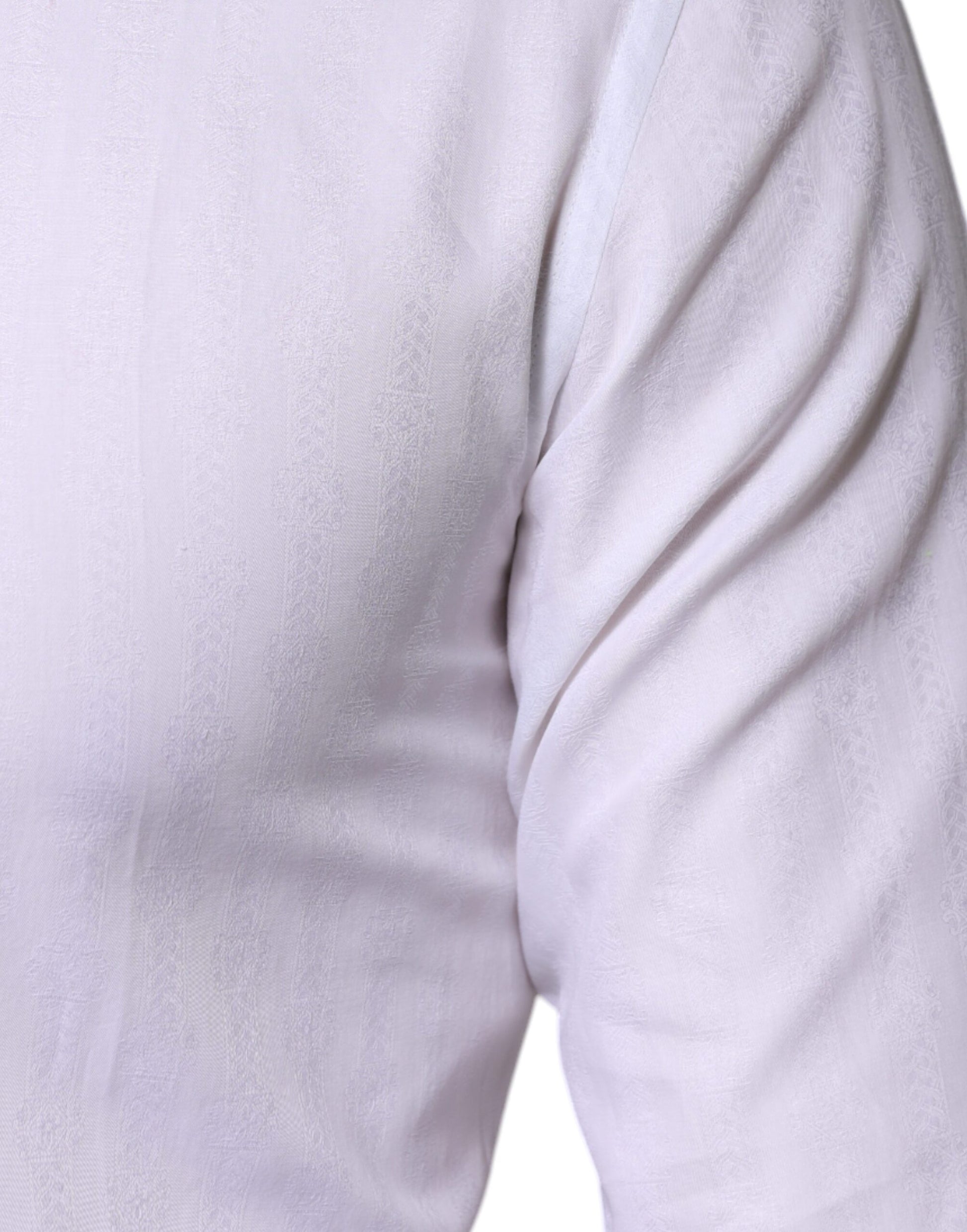 A white cotton formal men's dress shirt with a gold design