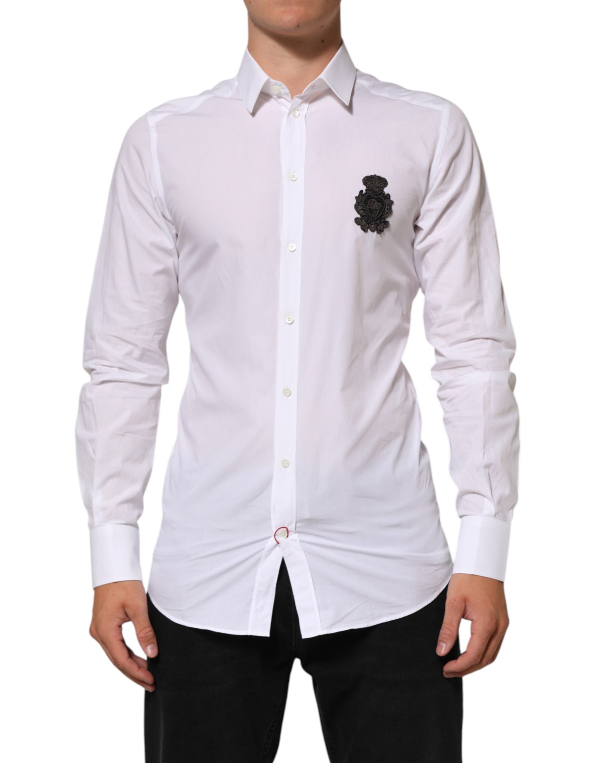 Men's white cotton dress shirt with gold patch on left chest