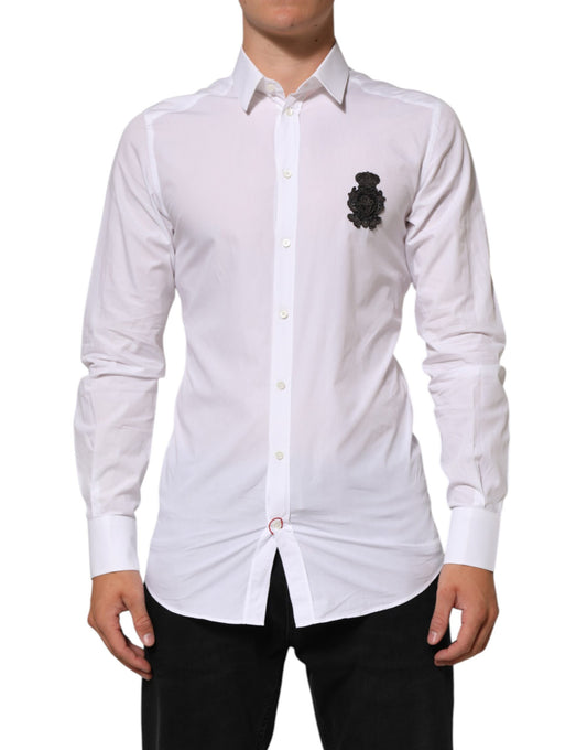 Men's white cotton dress shirt with gold patch on left chest