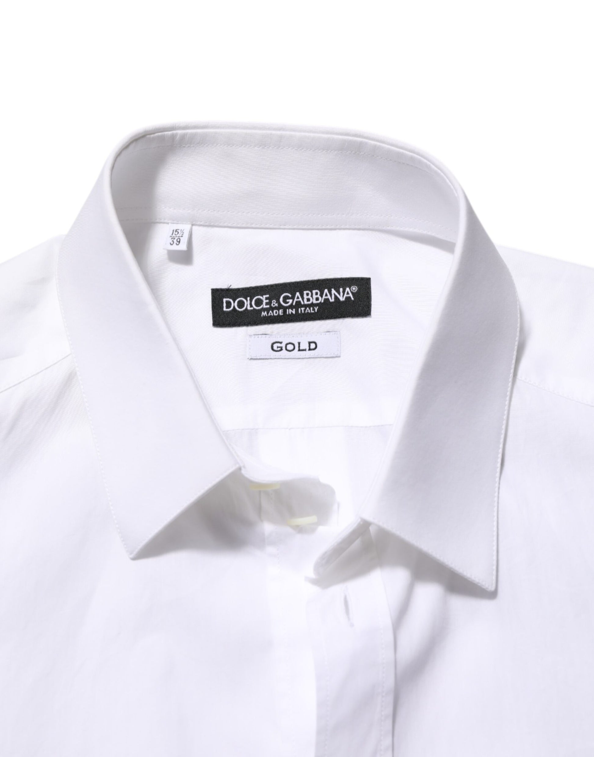 White cotton shirt with gold patch on collar and sleeve, from Dolce & Gabbana