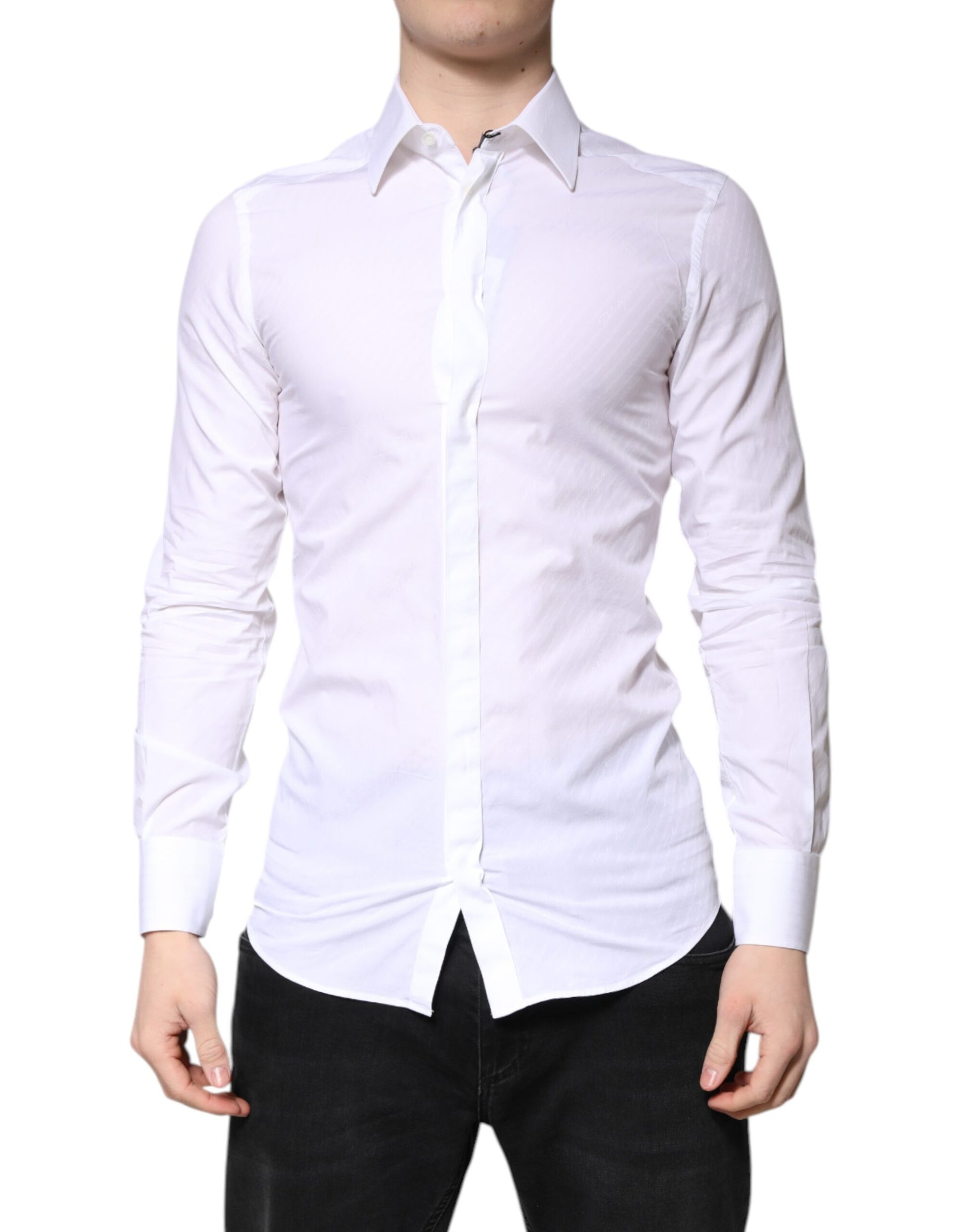 A white cotton collared shirt with a gold detail on the front