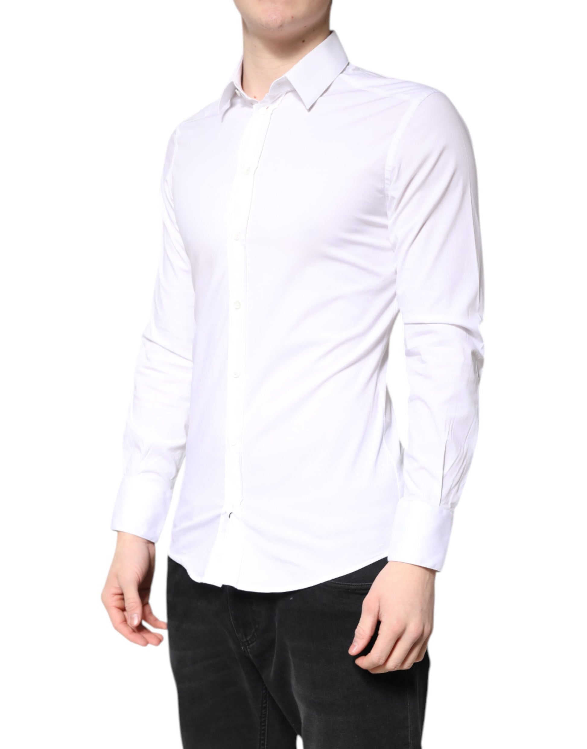 A white cotton collared shirt with a gold design, part of the formal wear collection by Dolce & Gabbana