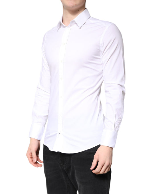 A white cotton collared shirt with a gold design, part of the formal wear collection by Dolce & Gabbana