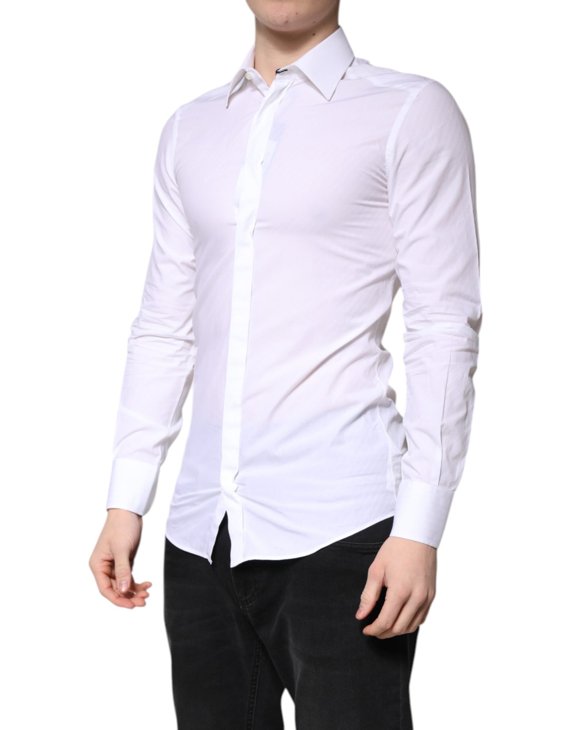 A white cotton dress shirt with a collar, featuring gold accents