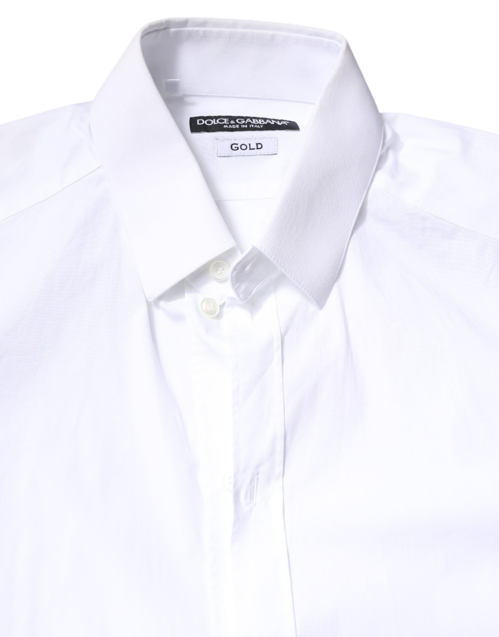A white cotton dress shirt with a collar, featuring the brand name "GOLD" on the label