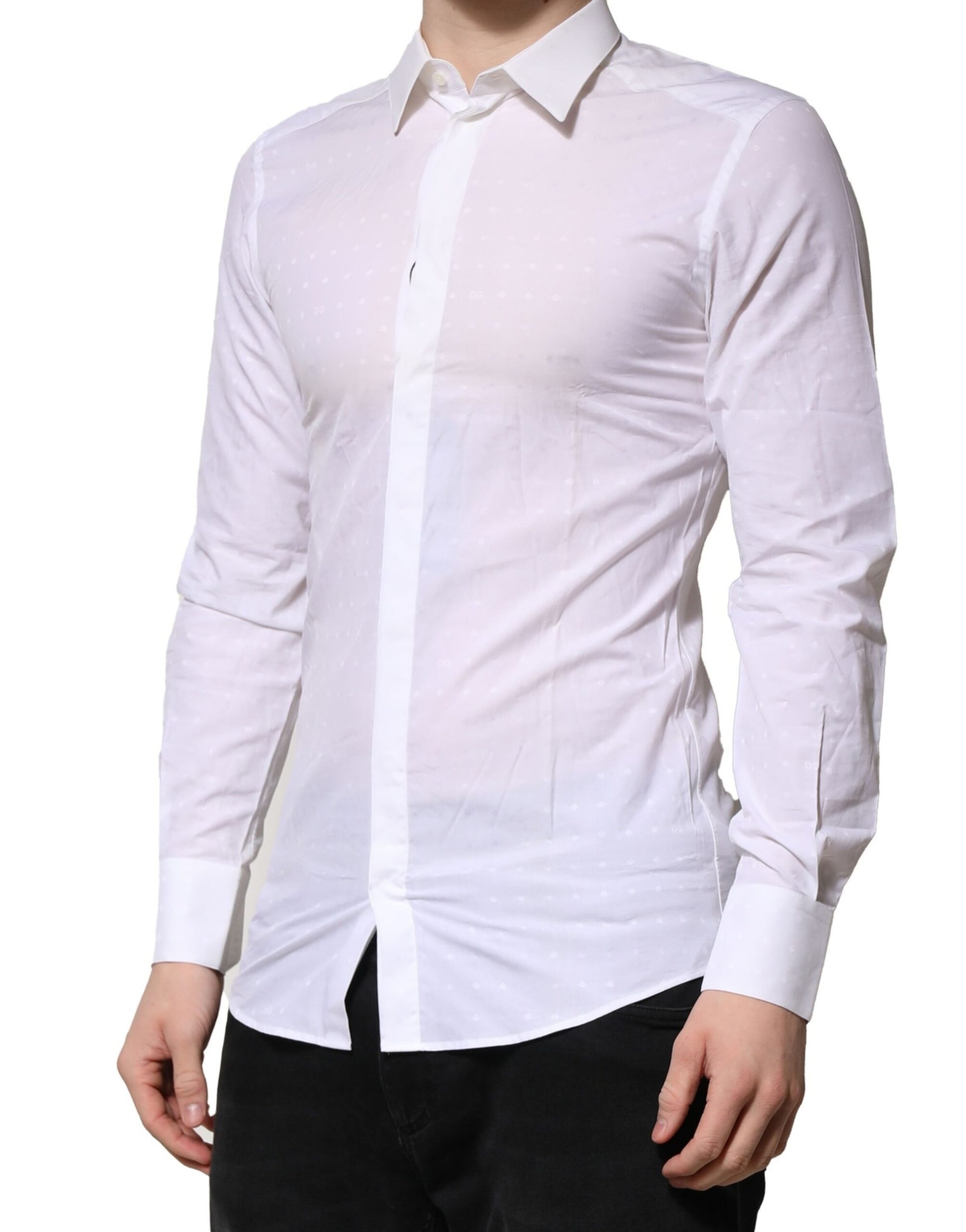Men's white cotton shirt with gold detailing, long sleeves, and a collar