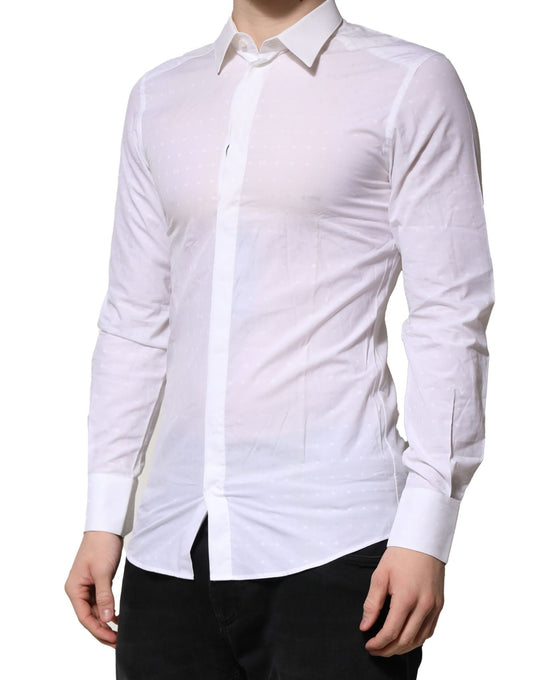 Men's white cotton shirt with gold detailing, long sleeves, and a collar
