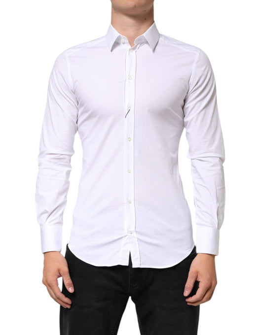 A white cotton dress shirt with gold accents, designed by Dolce & Gabbana