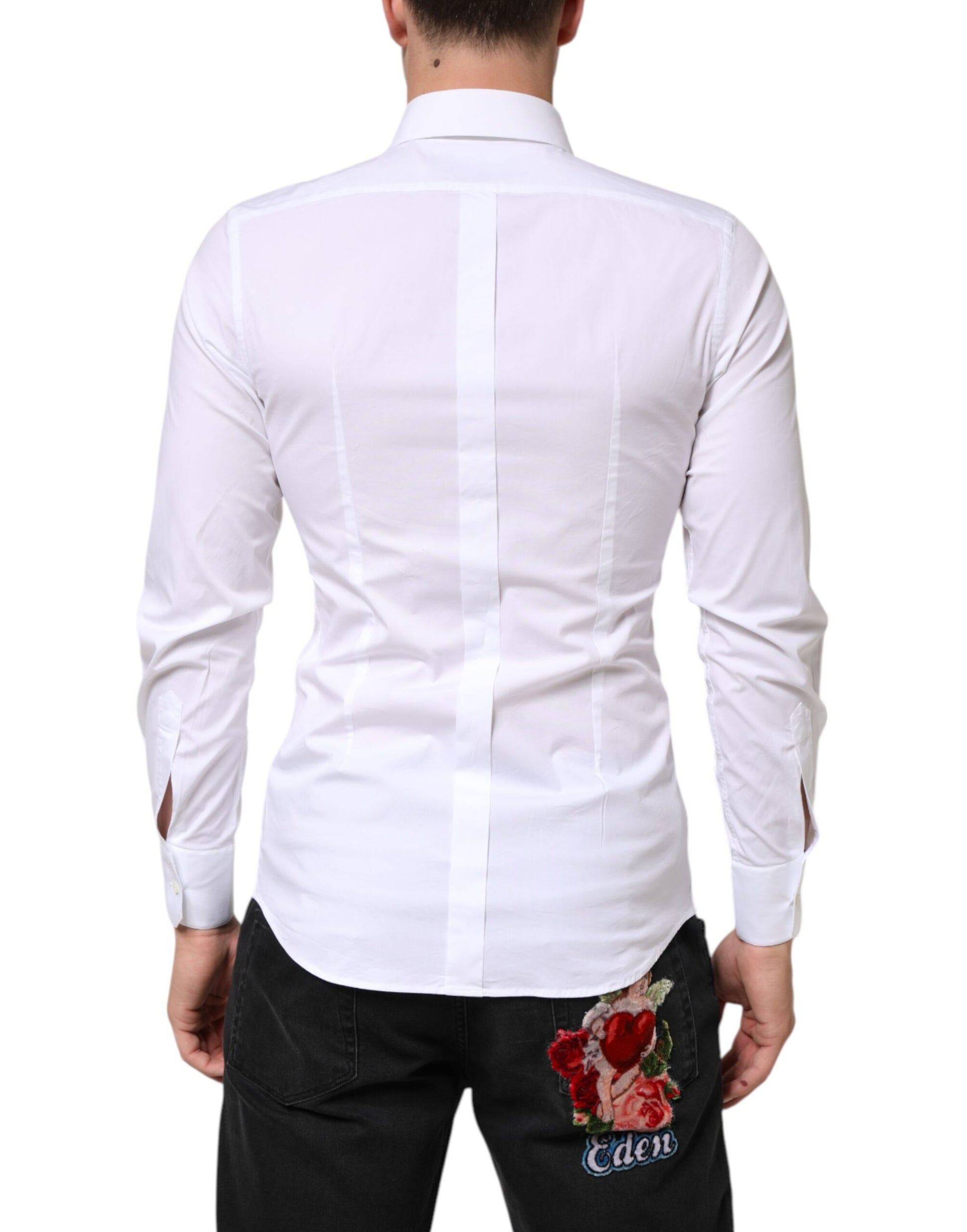 White cotton dress shirt with gold accents, back detail of floral embroidery