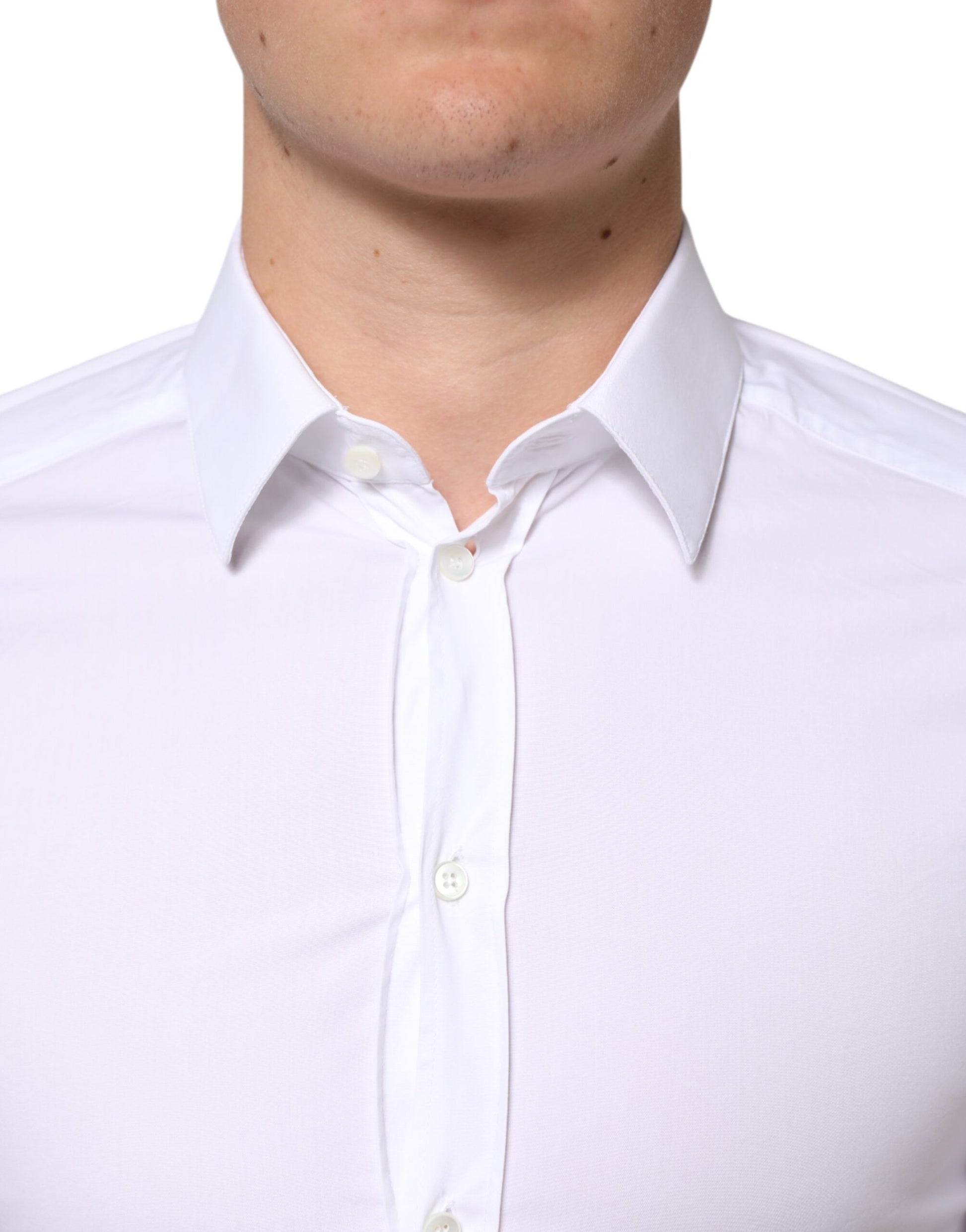 White cotton dress shirt with gold buttons, collar and cuffs
