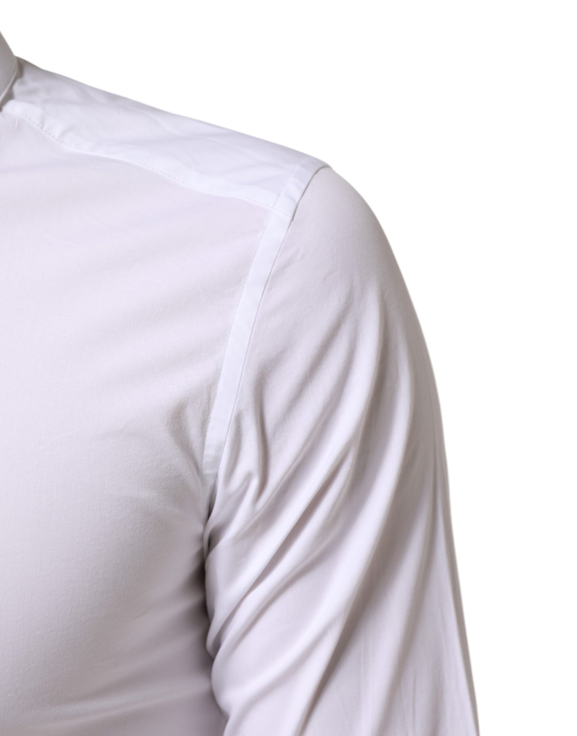 White cotton dress shirt with gold accents, short sleeves, and a collar