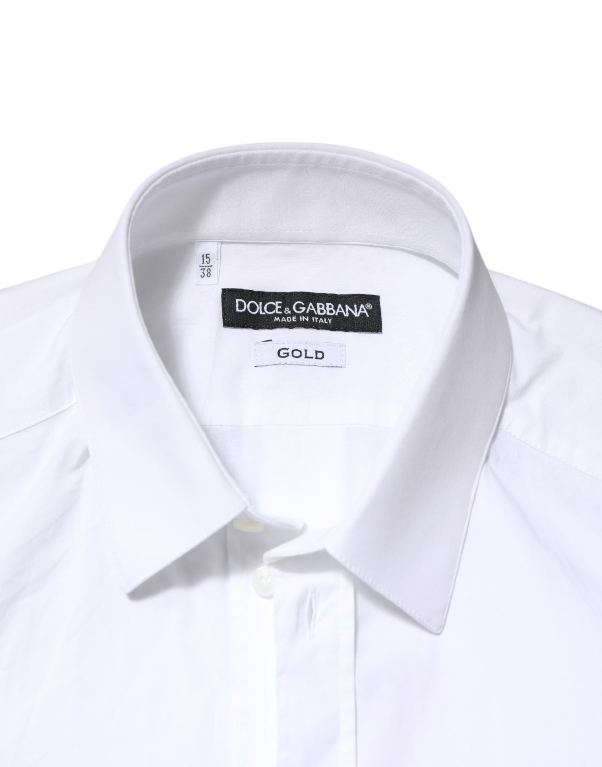 A white cotton dress shirt with a gold label from Dolce & Gabbana