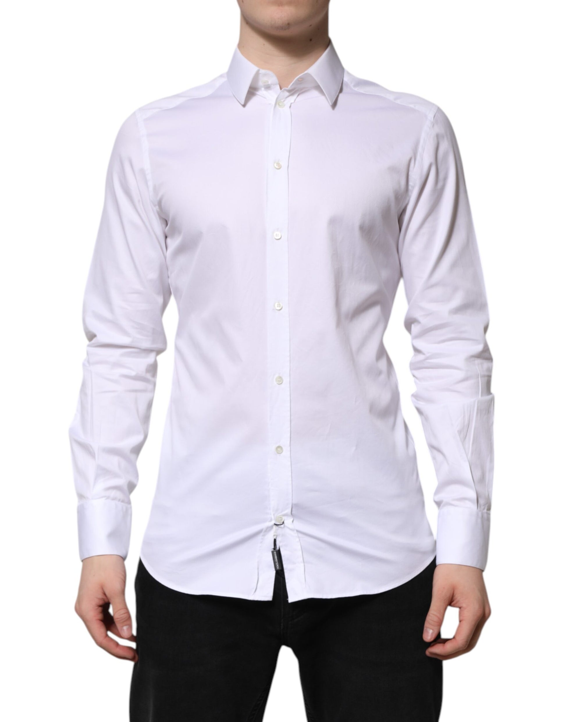 A long sleeved white cotton dress shirt with gold accents from the brand Dolce & Gabbana