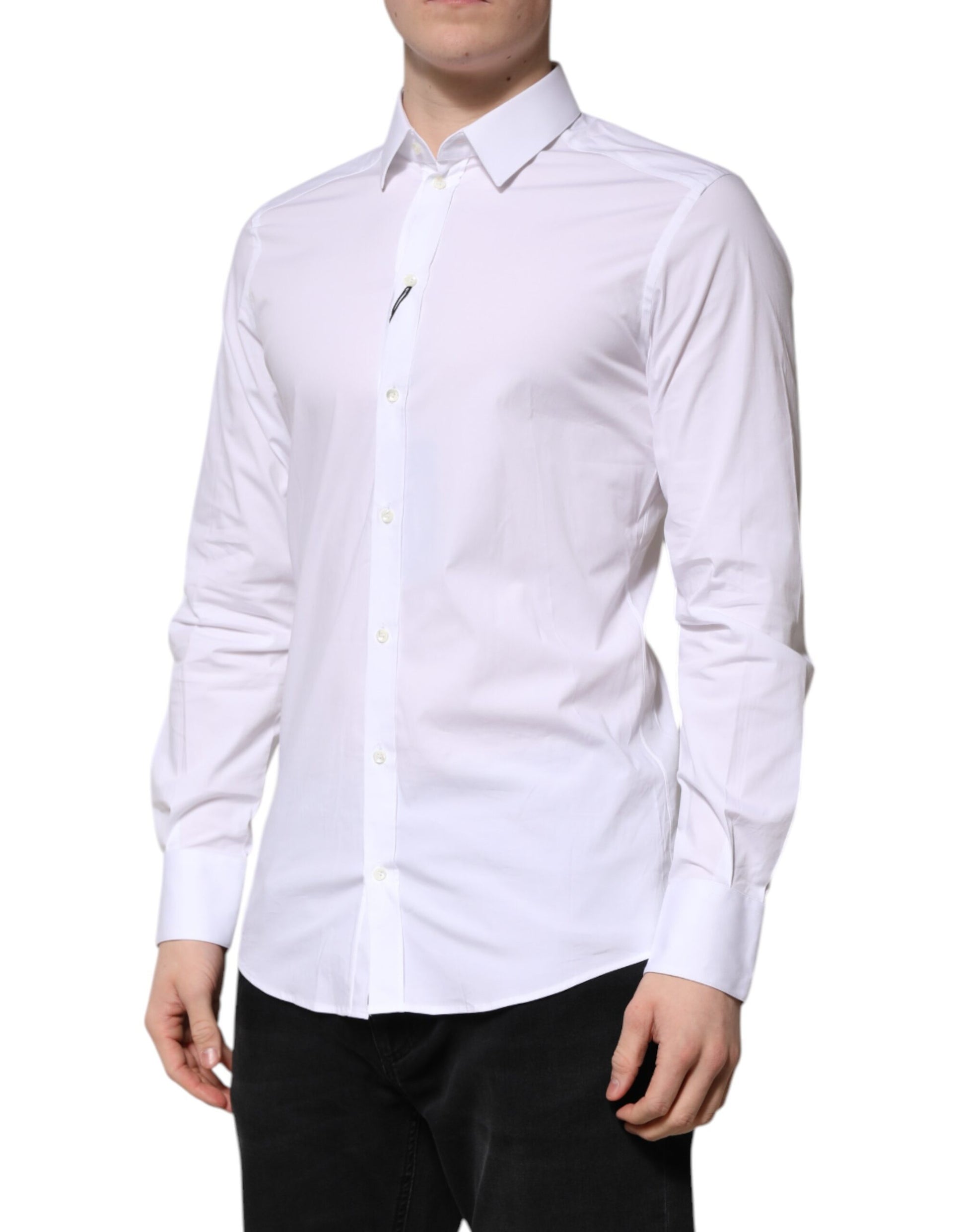 A long sleeved white cotton dress shirt with a gold collar