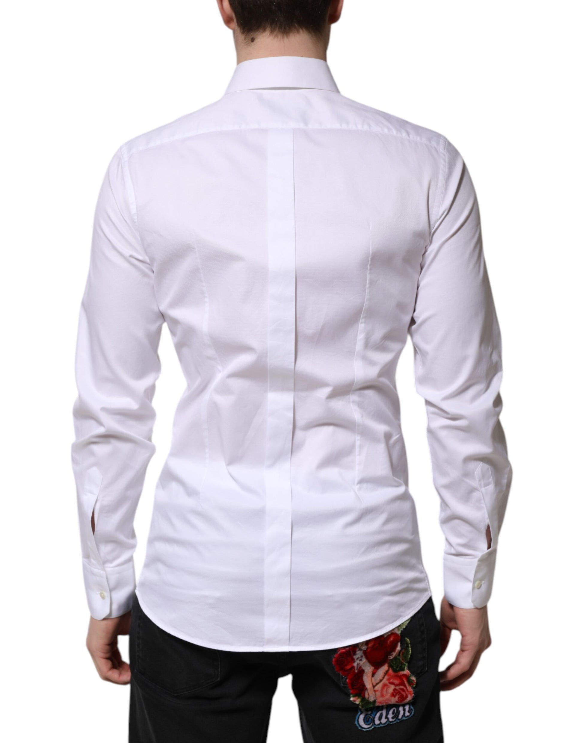 White cotton dress shirt with gold accents, long sleeves, and floral print on back