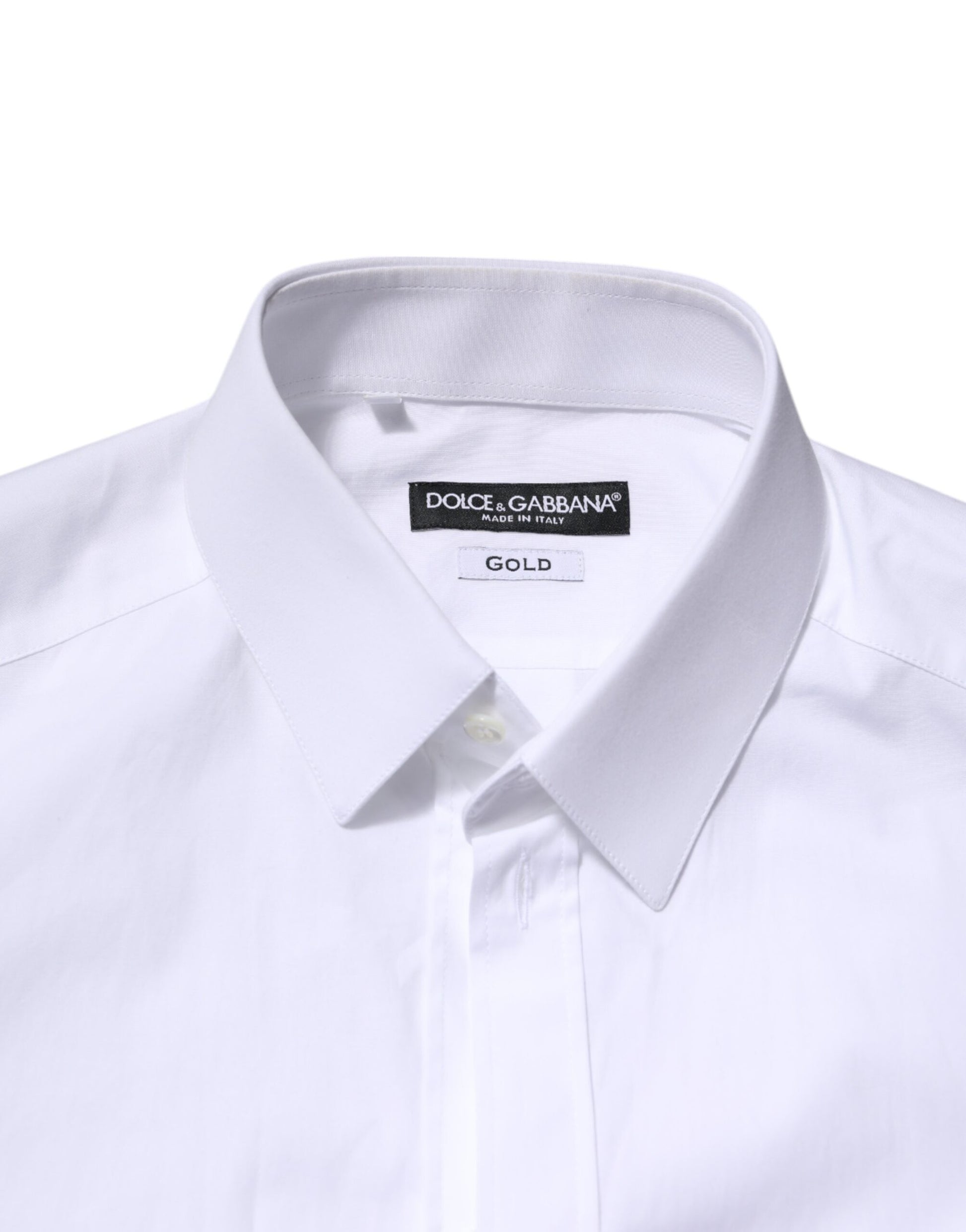 White cotton dress shirt with long sleeves, gold accents and brand label