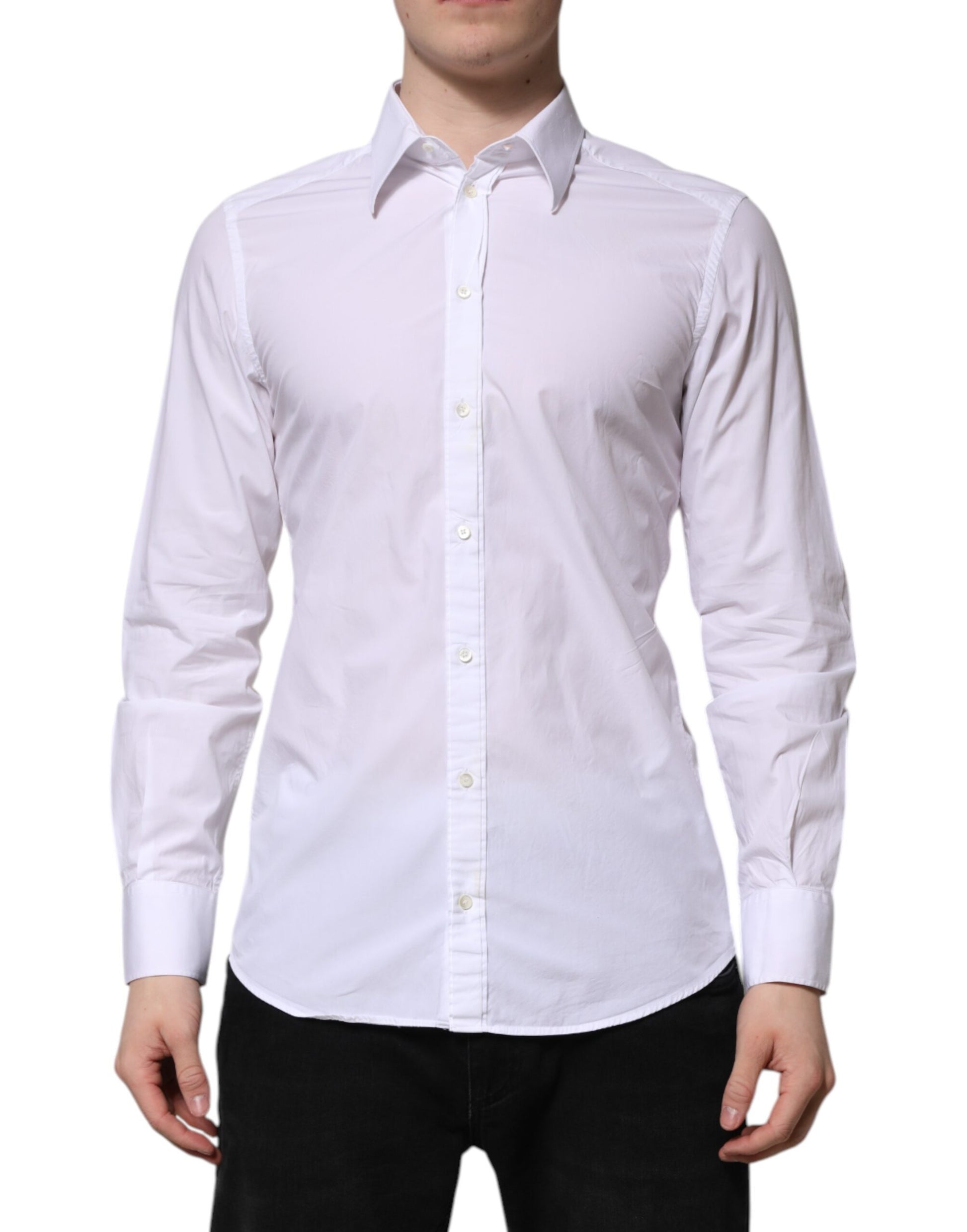Men's white cotton dress shirt with long sleeves, gold accents