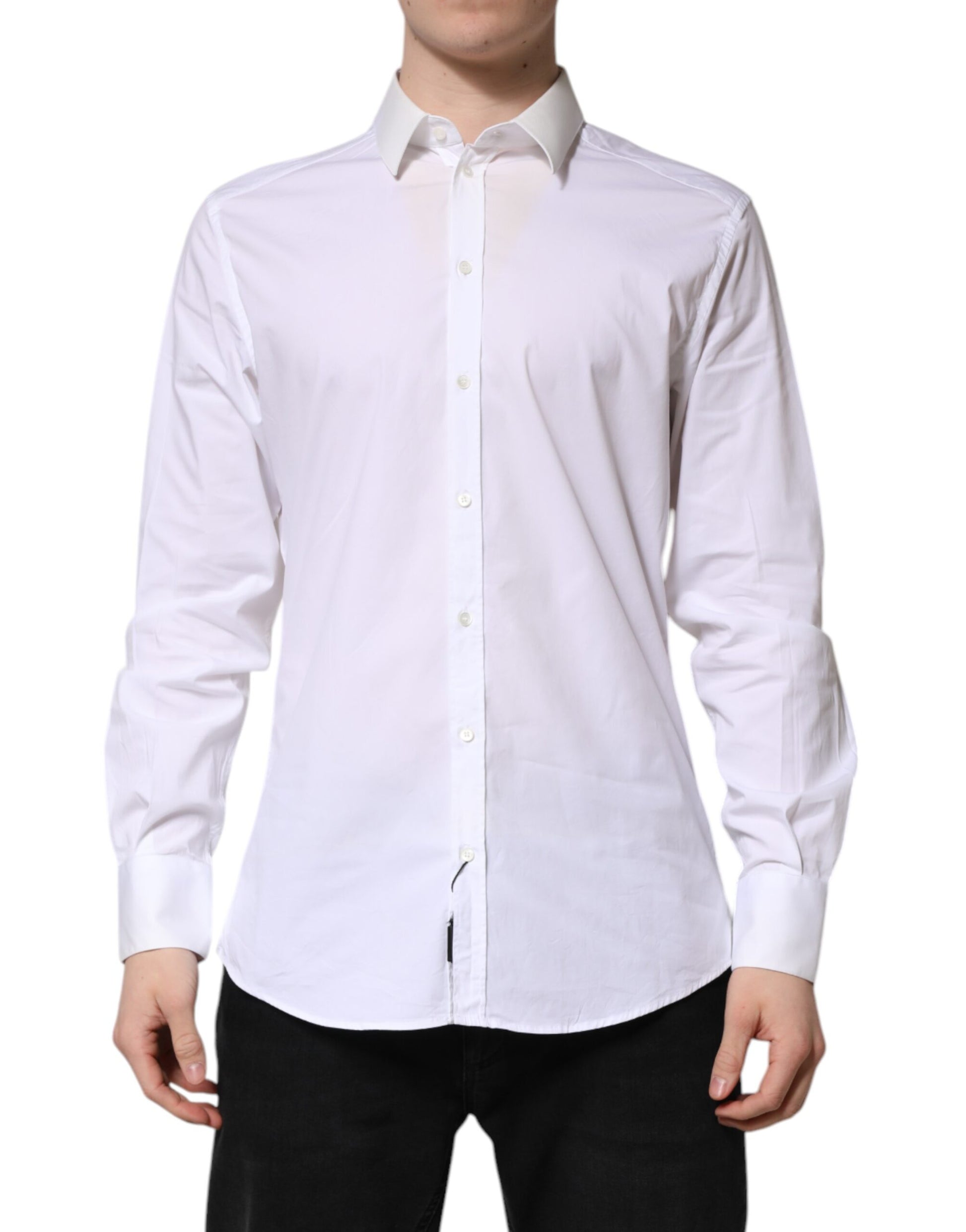 Men's white cotton dress shirt with long sleeves and gold accents