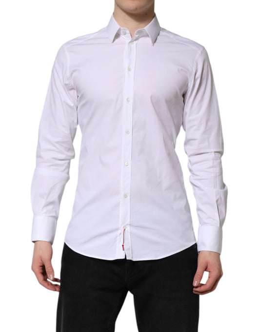 A white cotton dress shirt with long sleeves and gold accents