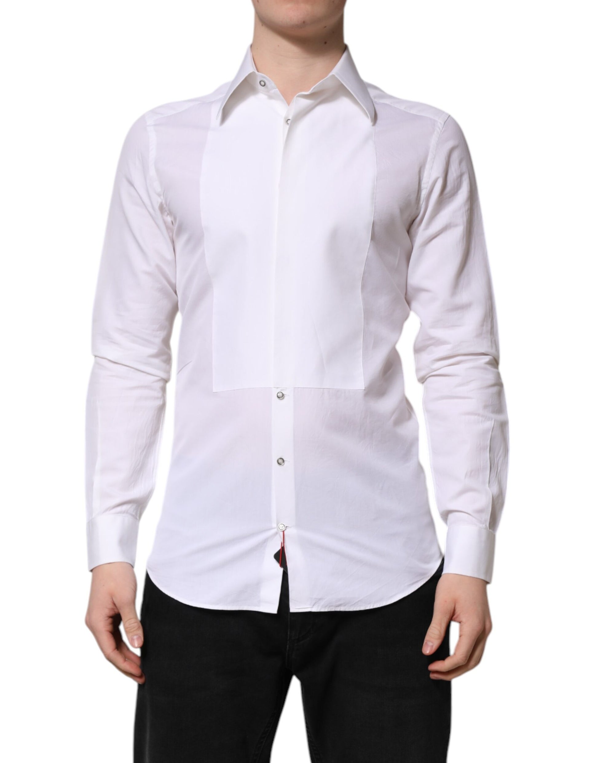 A long sleeve white cotton dress shirt with gold accents
