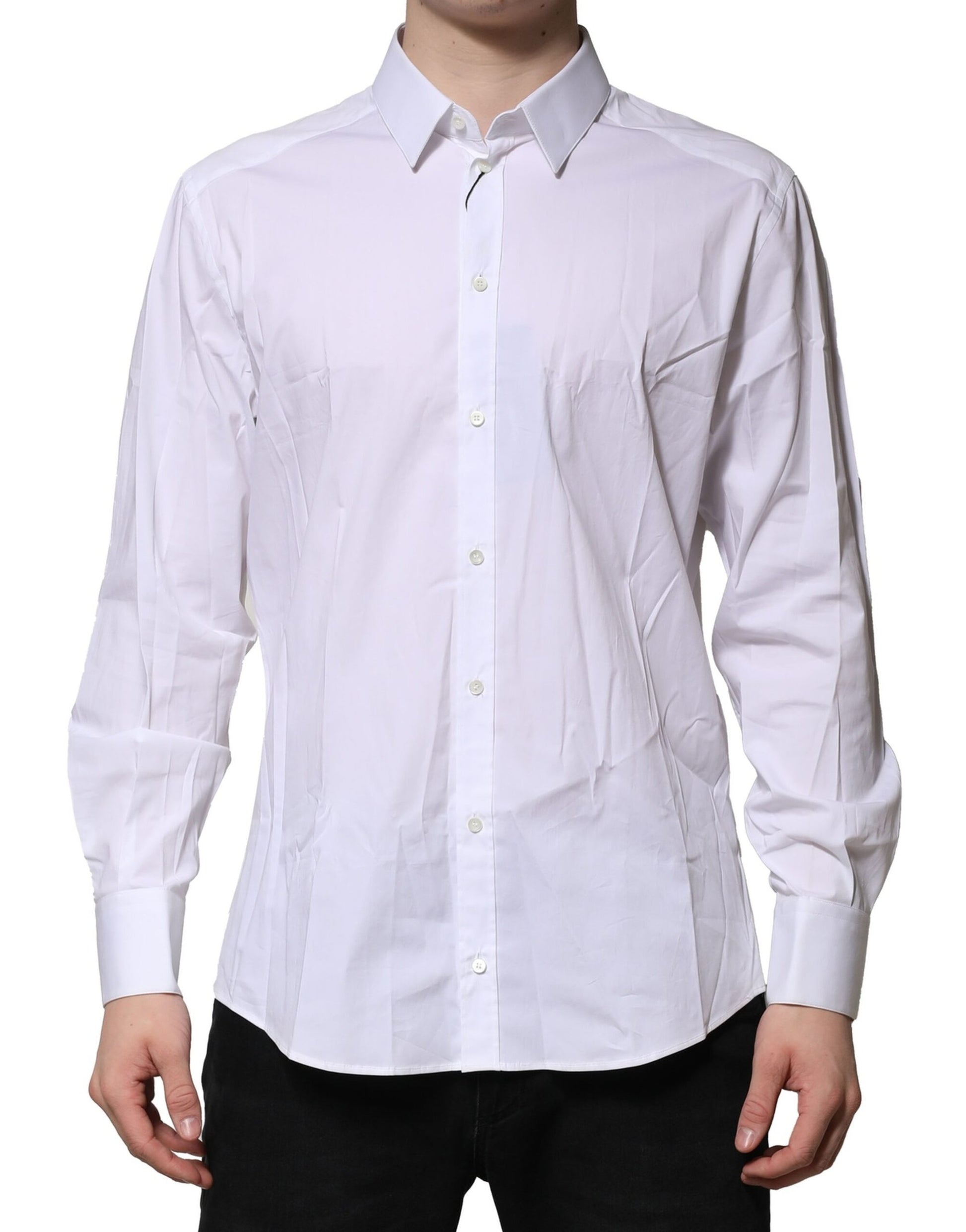A long sleeve dress shirt in white cotton with gold accents