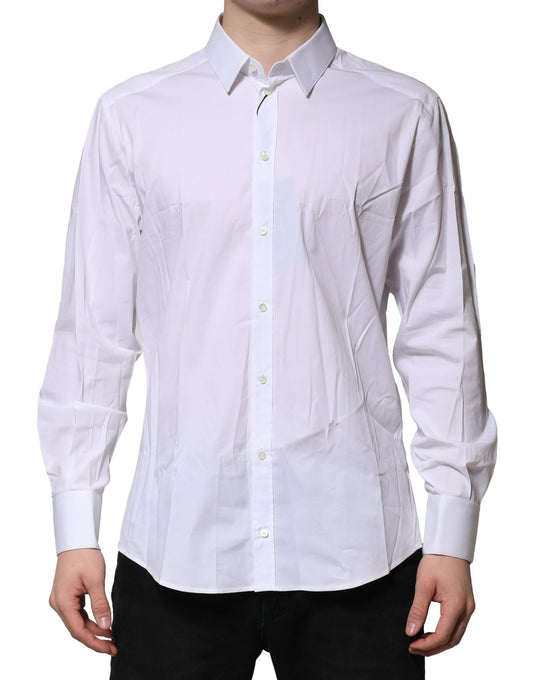 A long sleeve dress shirt in white cotton with gold accents