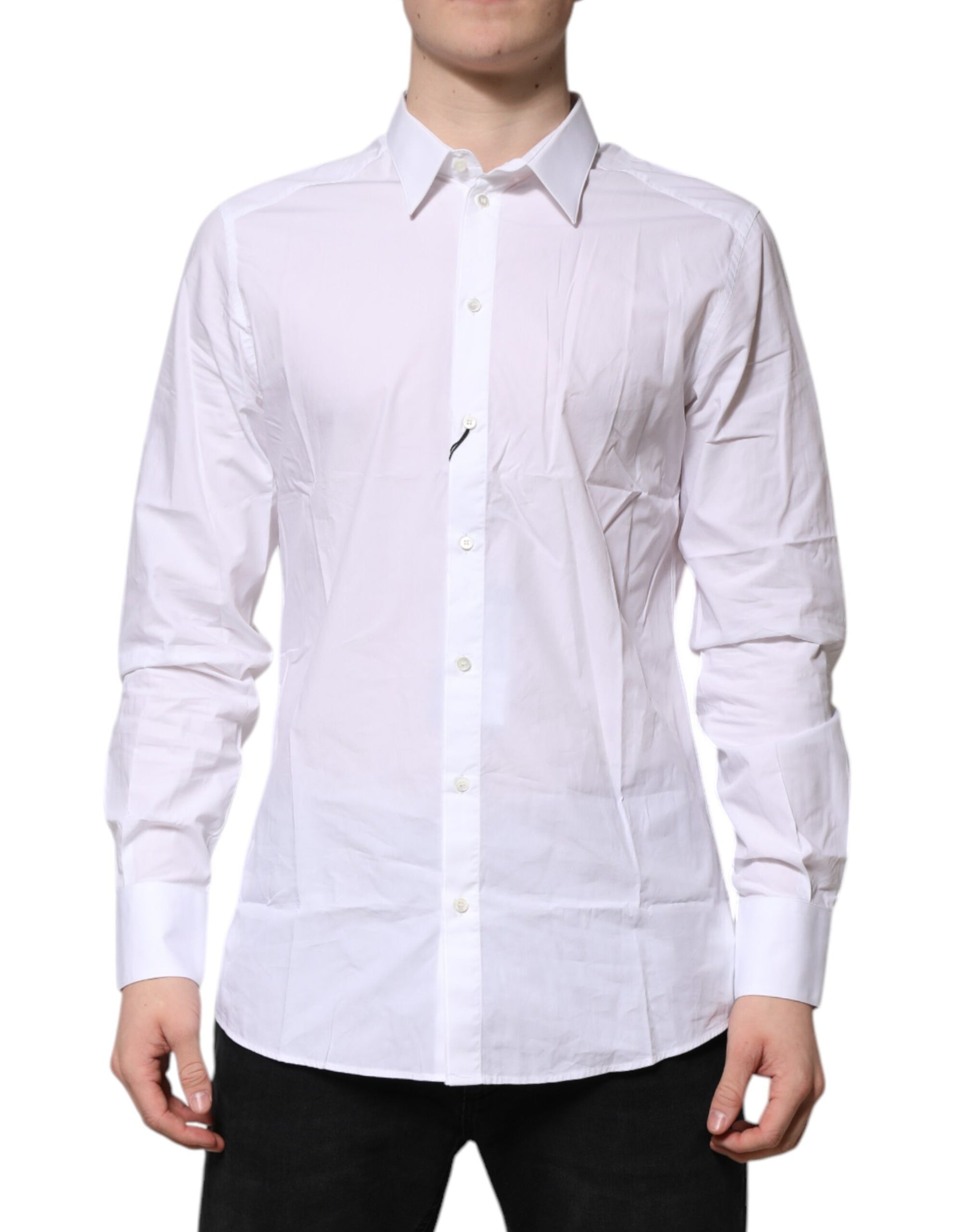 A long sleeve white cotton dress shirt with gold accents, designed by Dolce & Gabbana
