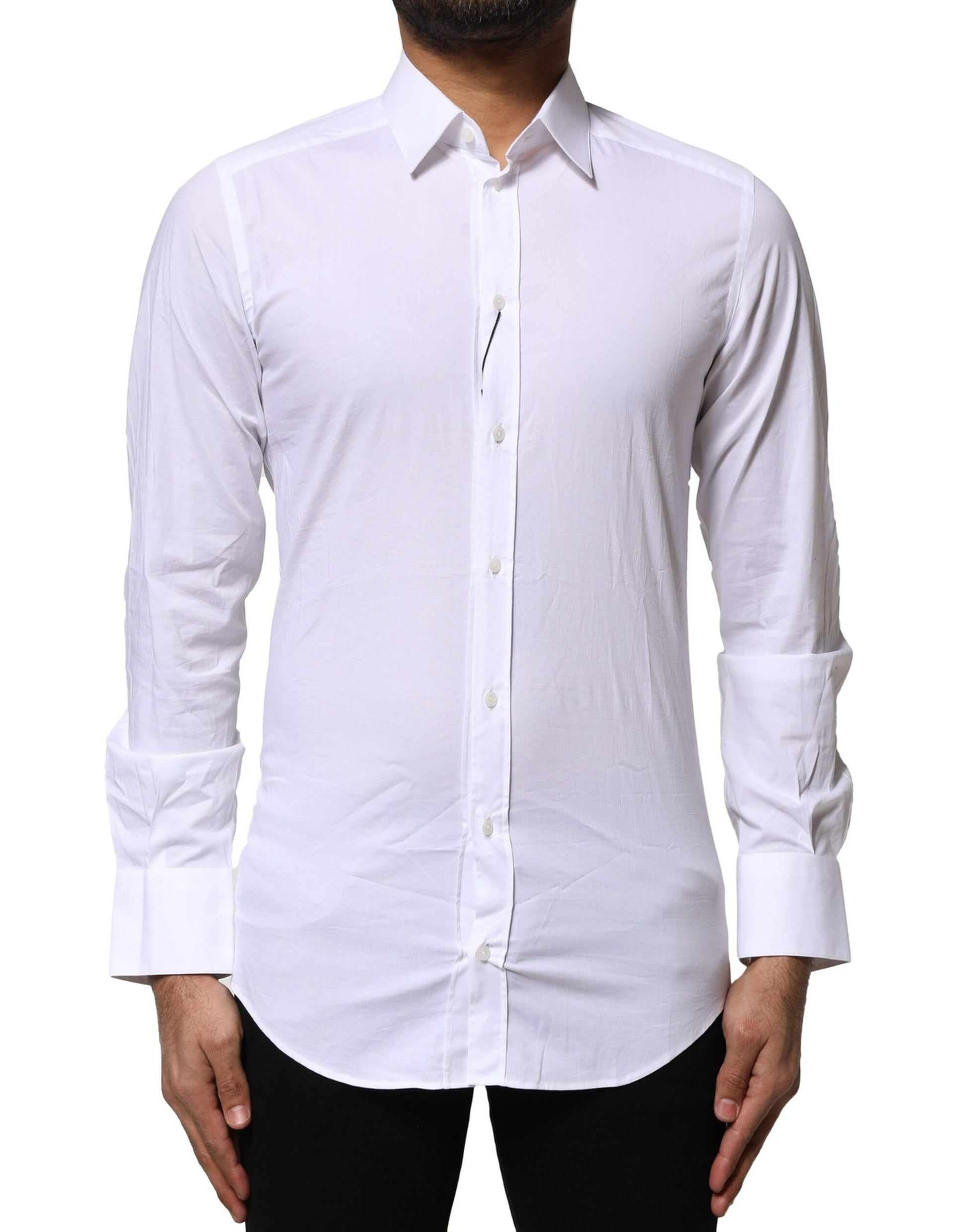 A long sleeve white cotton dress shirt with a gold design on the collar