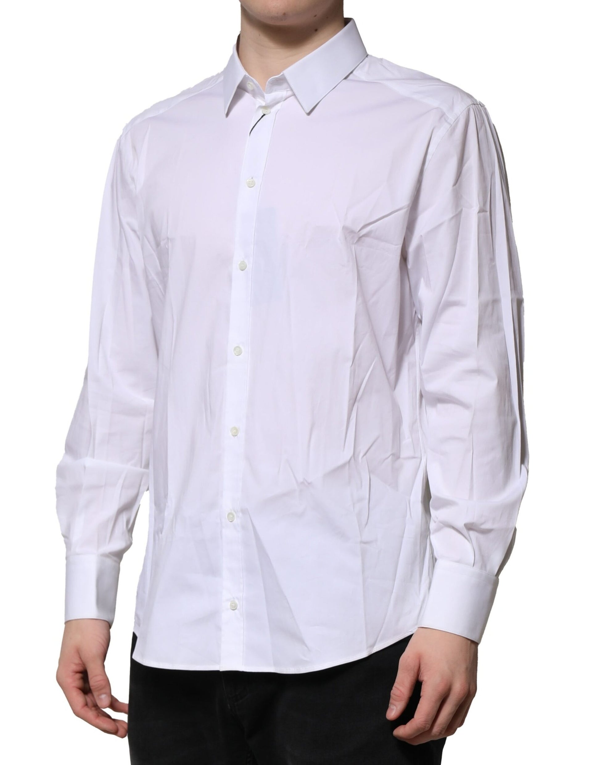 A long sleeve white cotton dress shirt with gold accents