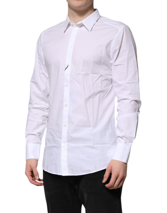 A long sleeve white cotton dress shirt with gold accents