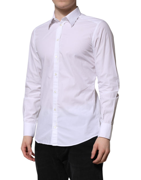 A long sleeve white cotton dress shirt with gold accents