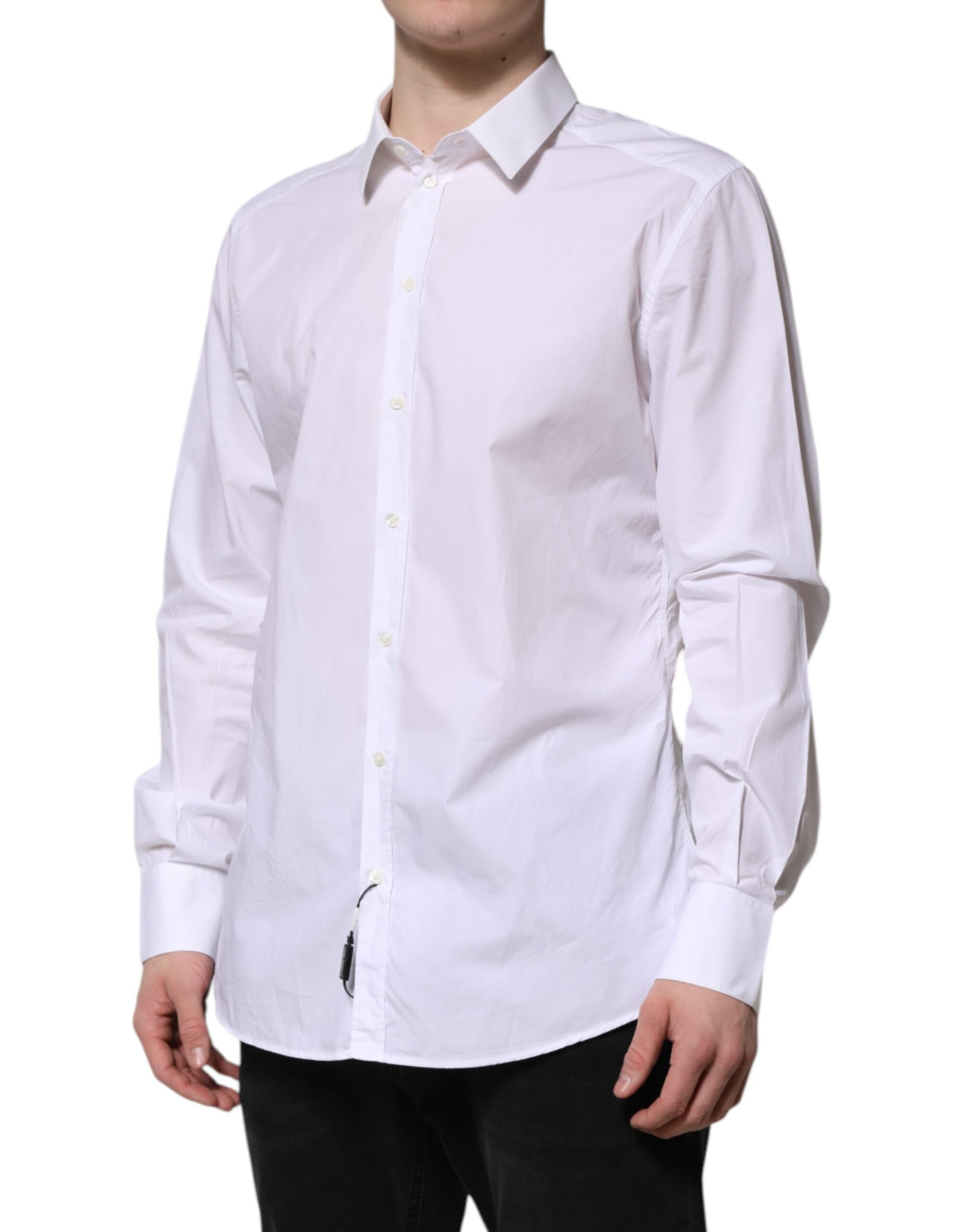 A long sleeve white cotton dress shirt with gold accents