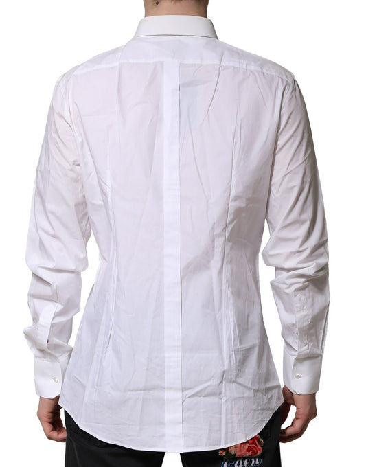 A long sleeve men's shirt with a white cotton base and gold accents