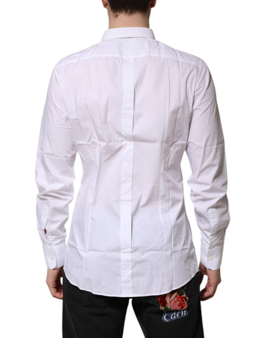 A long sleeve white cotton dress shirt with gold accents, featuring a lapel collar and a back pocket