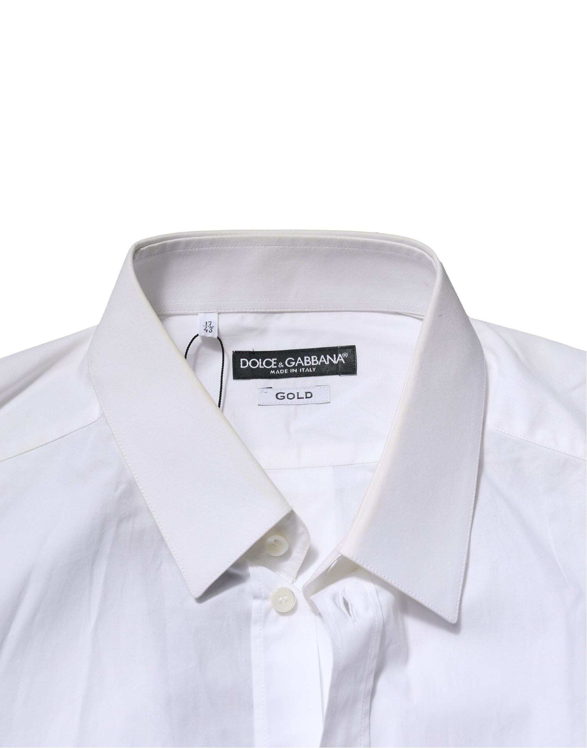 White cotton dress shirt with long sleeves, gold accents and a collar
