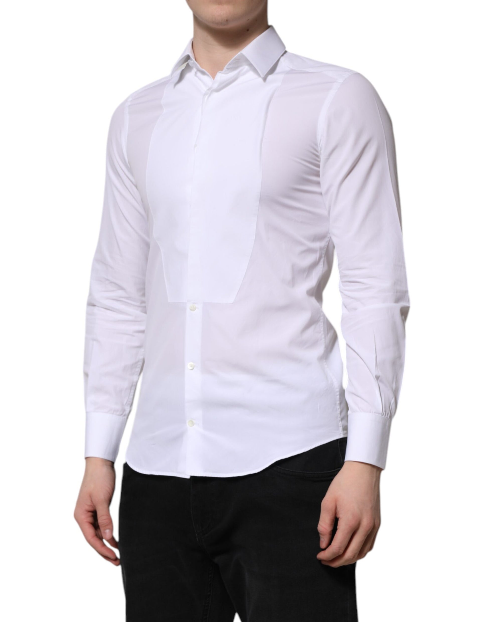 White cotton dress shirt with long sleeves, gold accents, and a collar