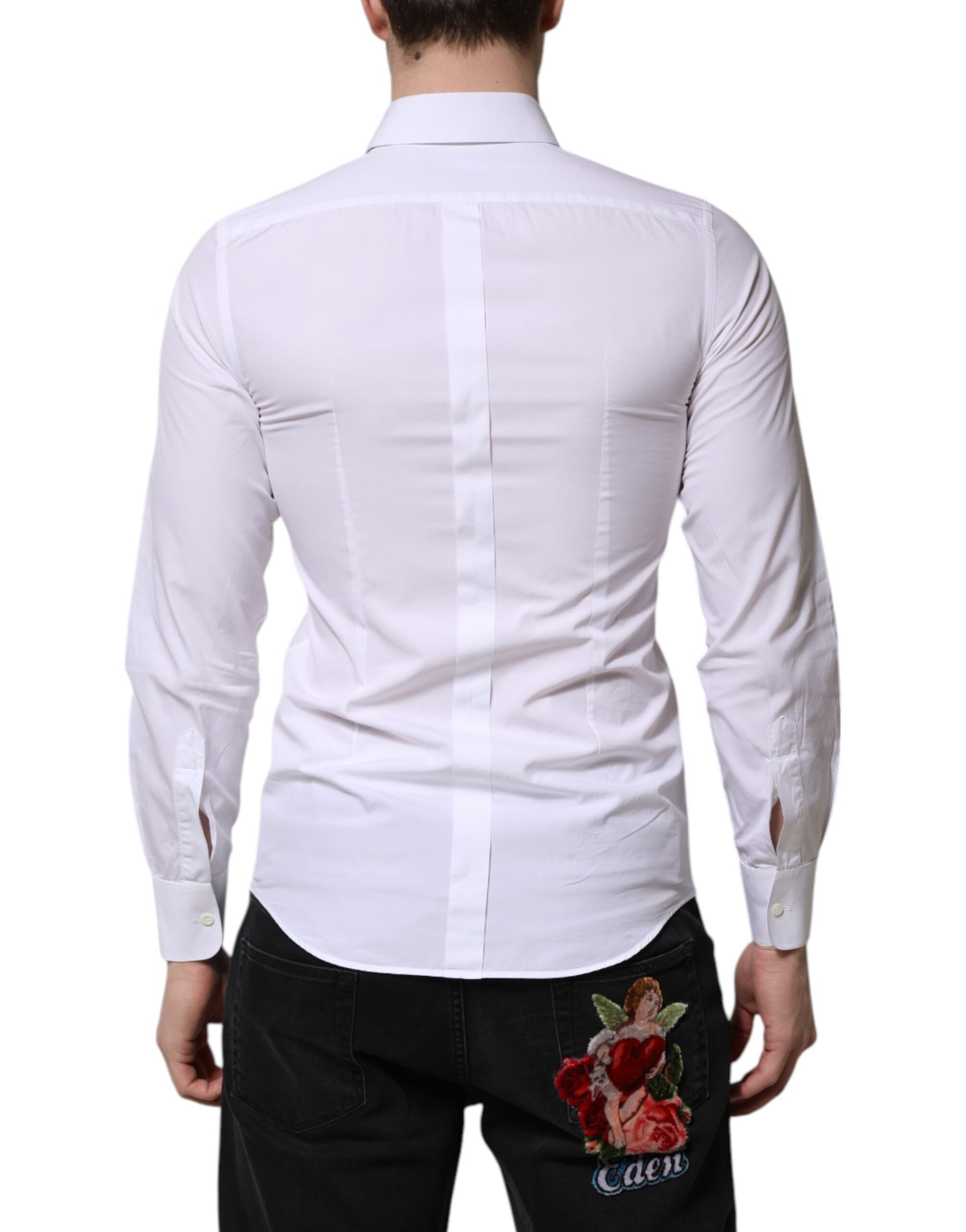 A long sleeve white cotton dress shirt with gold accents, featuring a lapel collar and a back pocket embroidered with a rose