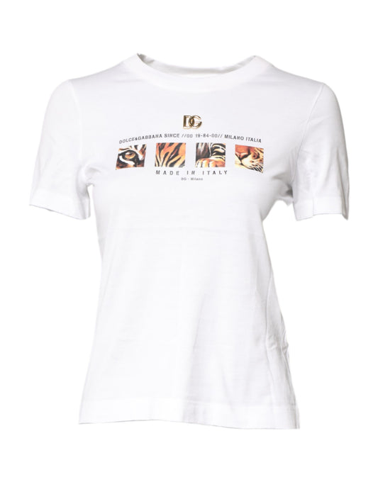 White t-shirt with graphic design on front