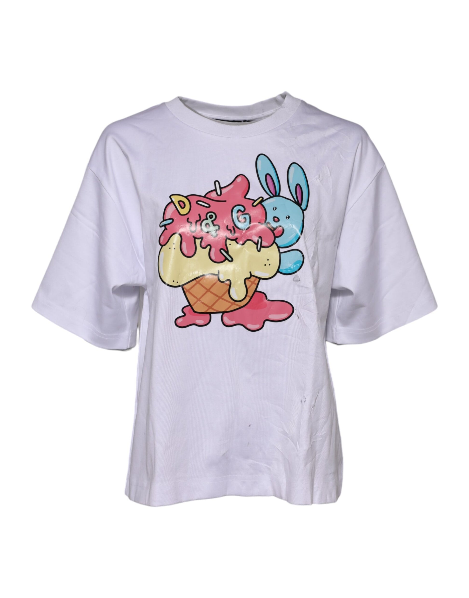 White t-shirt with cartoon character on front