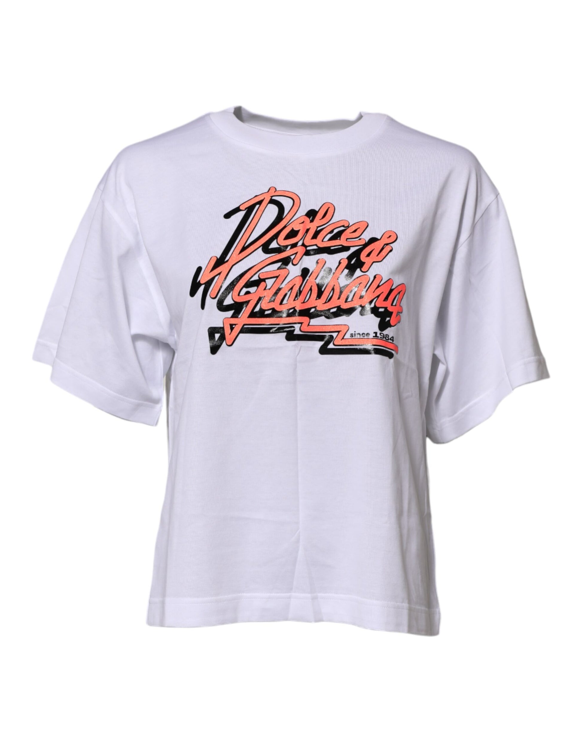 White t-shirt with red lettering on front