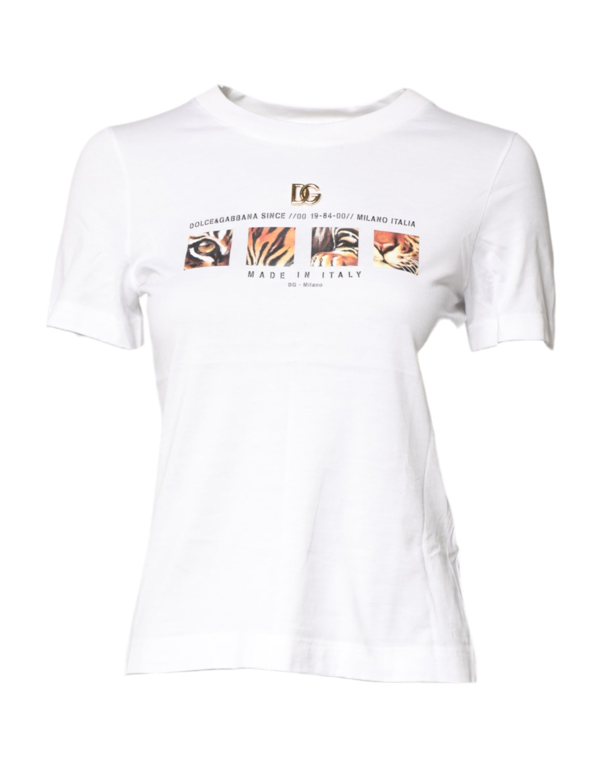 White t-shirt with graphic design on front